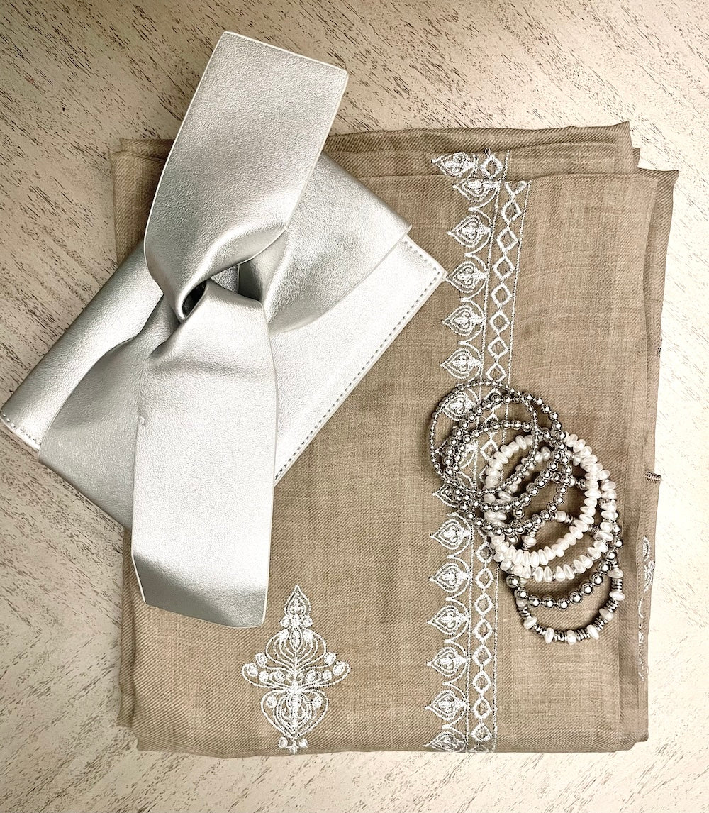 Gray Shawl, Bracelet and Silver Clutch Gift Set