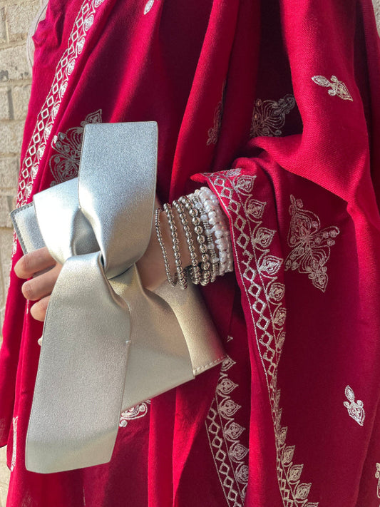 Red Shawl, Bracelet and Silver Clutch Gift Set